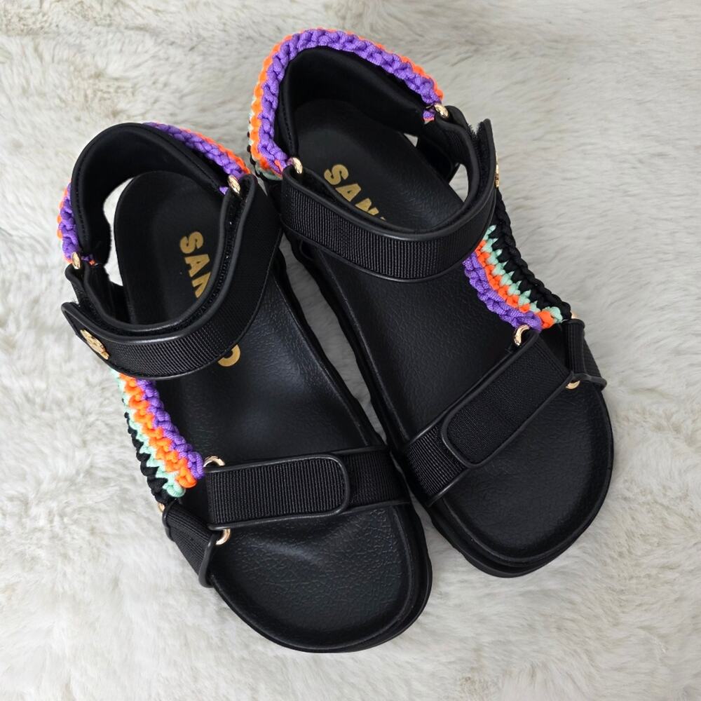 NEW Sandro Paris Black Crochet Shell Platform Sport Sandals Noir Leather EU 37
